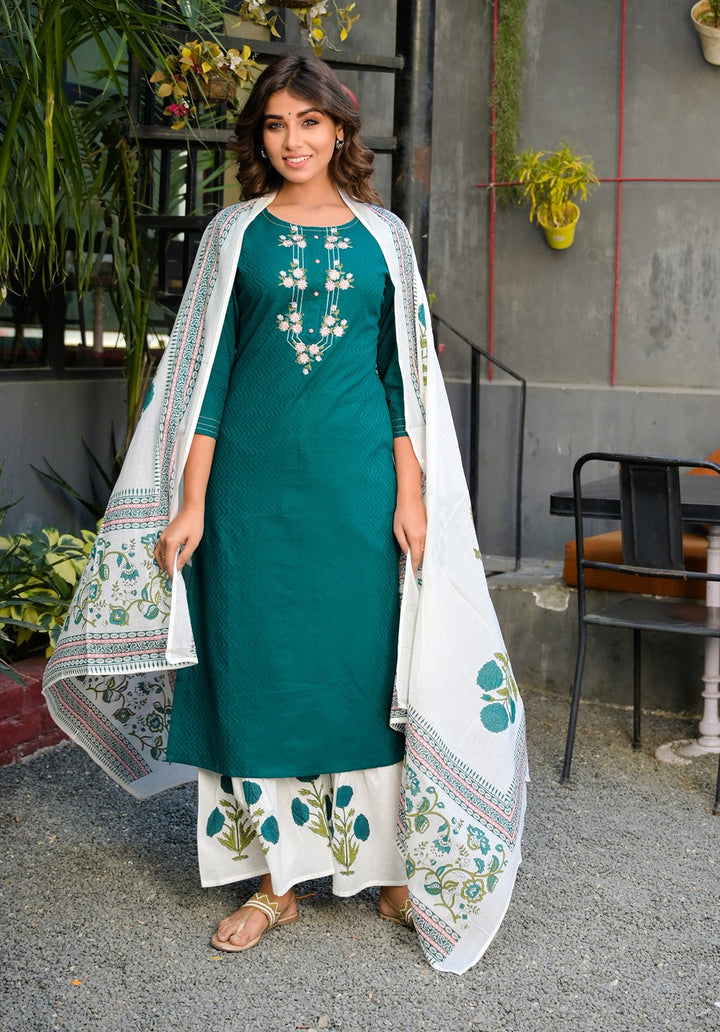 Teal And White Embroidered Dupatta Set-Yufta Store-7577SETTGS