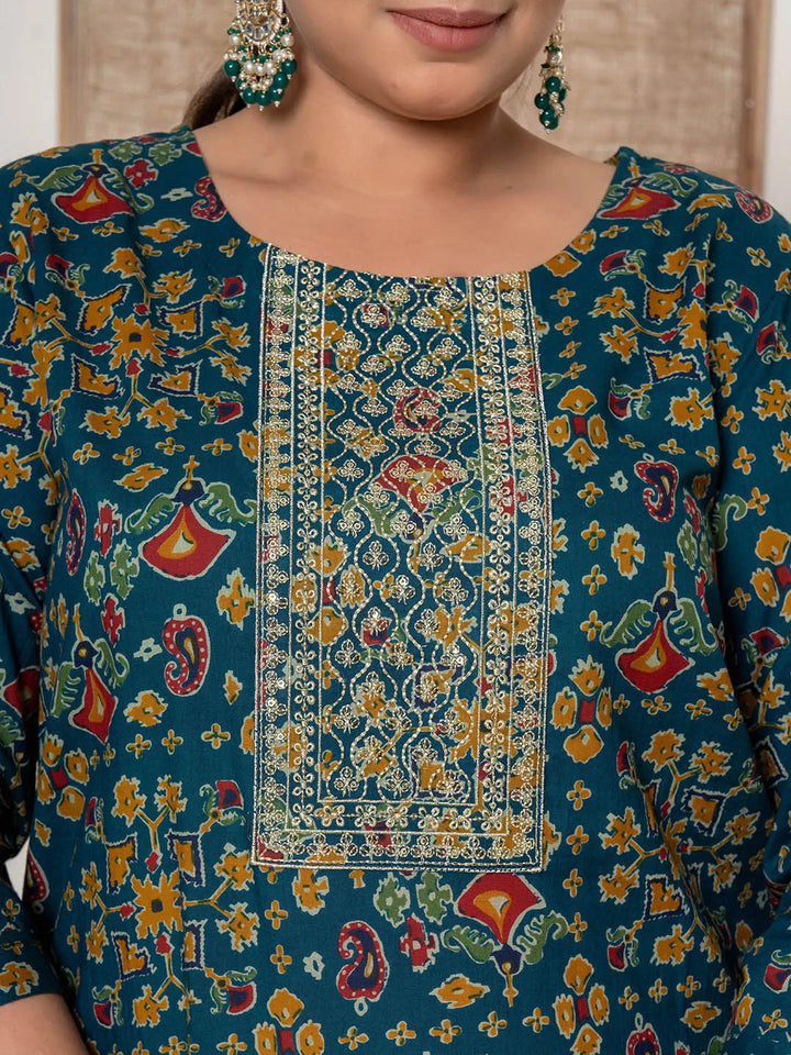 Teal Blue Cotton Printed Embroidered Plus Size Kurta Dupatta Set-Yufta Store-1455PSKDTB3XL