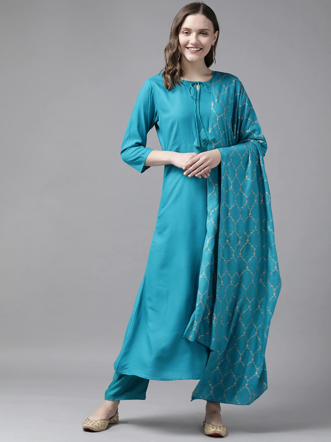 Teal Blue Dupatta Set-Yufta Store-8086SKDTGS