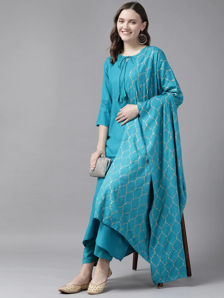 Teal Blue Dupatta Set-Yufta Store-8086SKDTGS