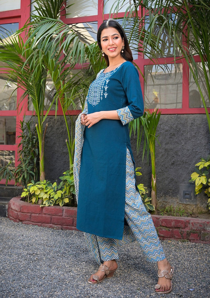 Teal Blue Embroidered Dupatta Set-Yufta Store-7823SKDTBS