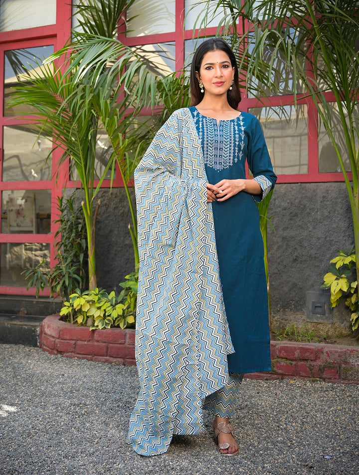 Teal Blue Embroidered Dupatta Set-Yufta Store-7823SKDTBS