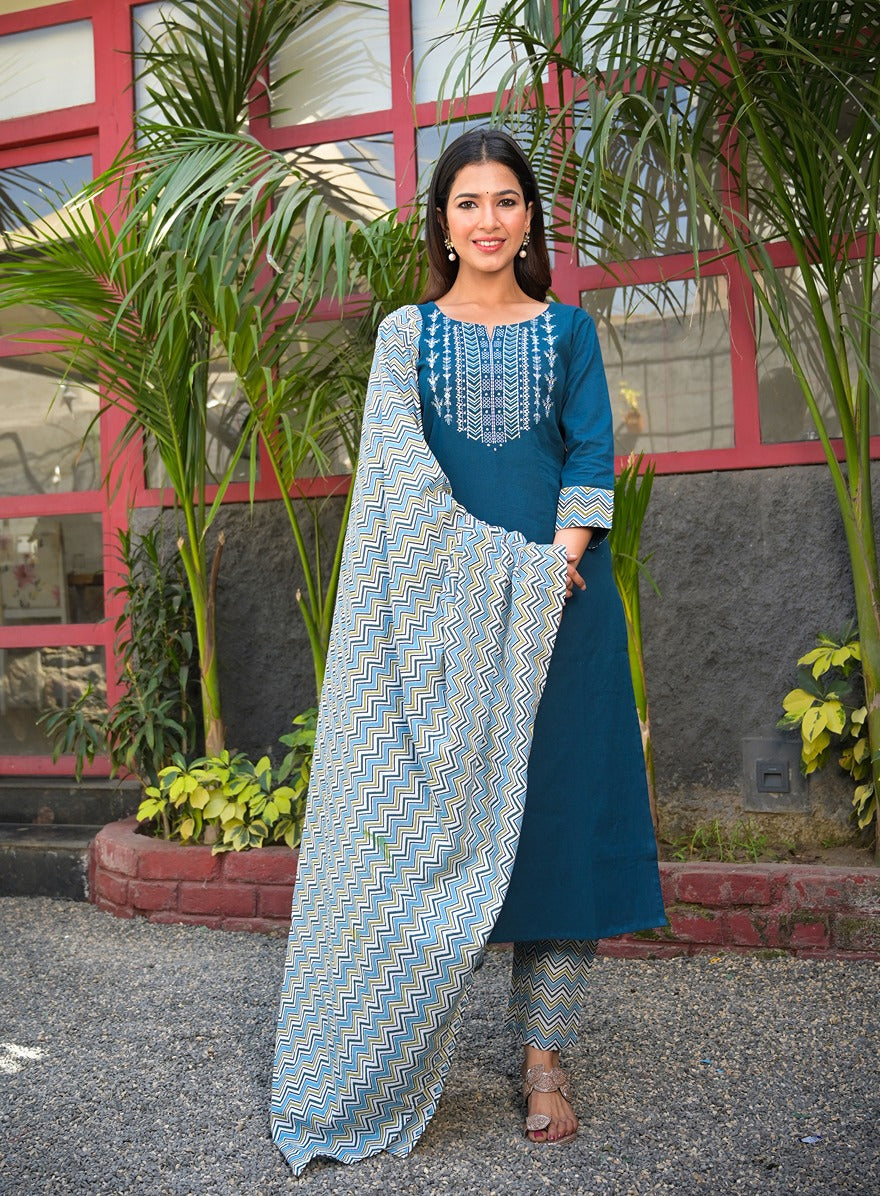 Teal Blue Embroidered Dupatta Set-Yufta Store-7823SKDTBS