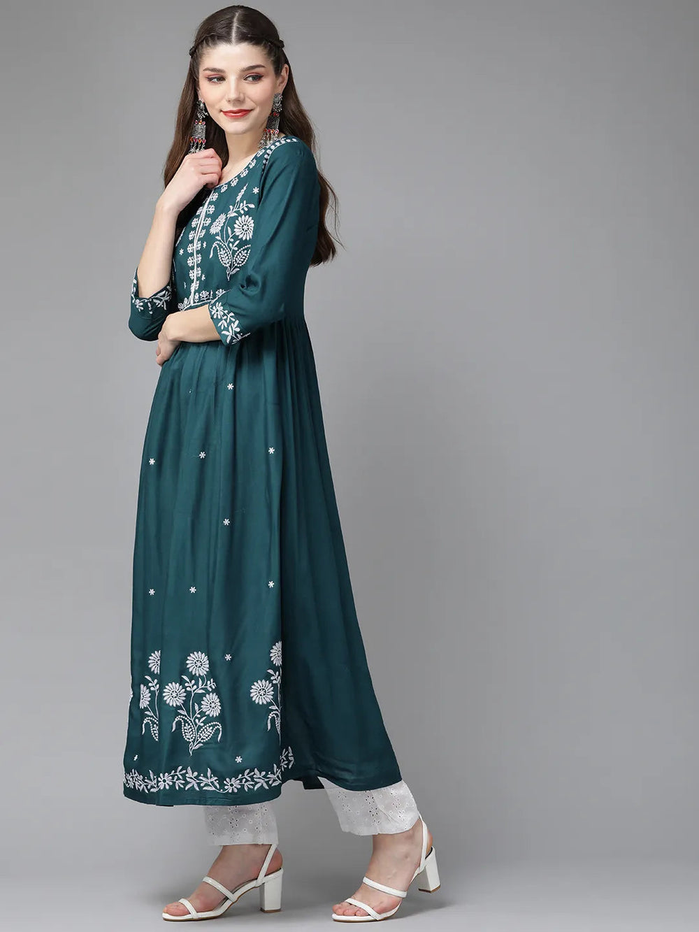 Teal Blue Embroidered Kurta Set-Yufta Store-2033SETBLS