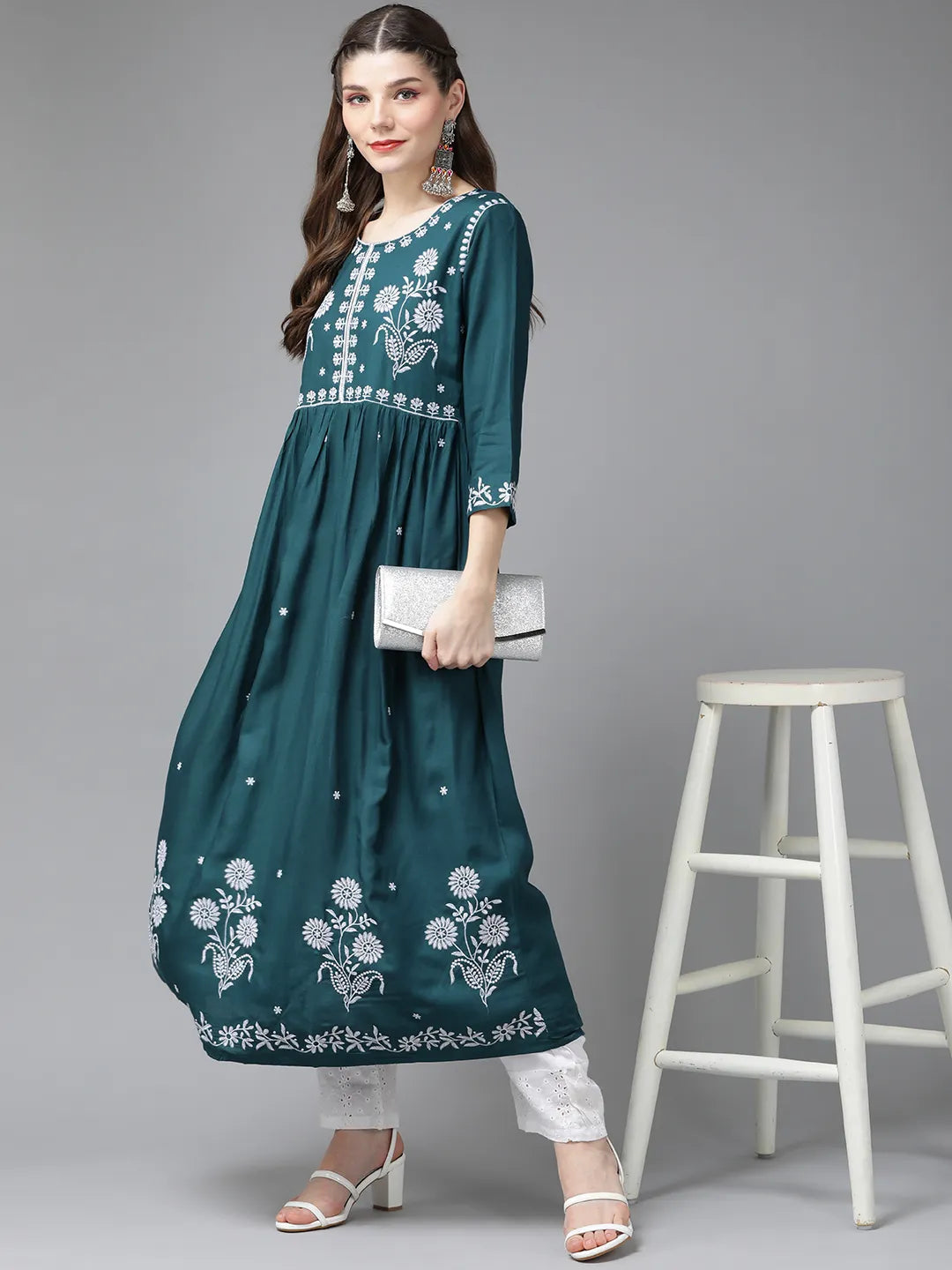 Teal Blue Embroidered Kurta Set-Yufta Store-2033SETBLS