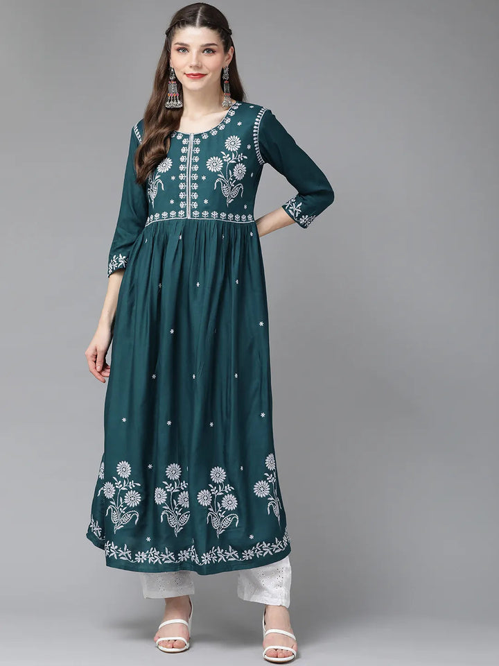 Teal Blue Embroidered Kurta Set-Yufta Store-2033SETBLS