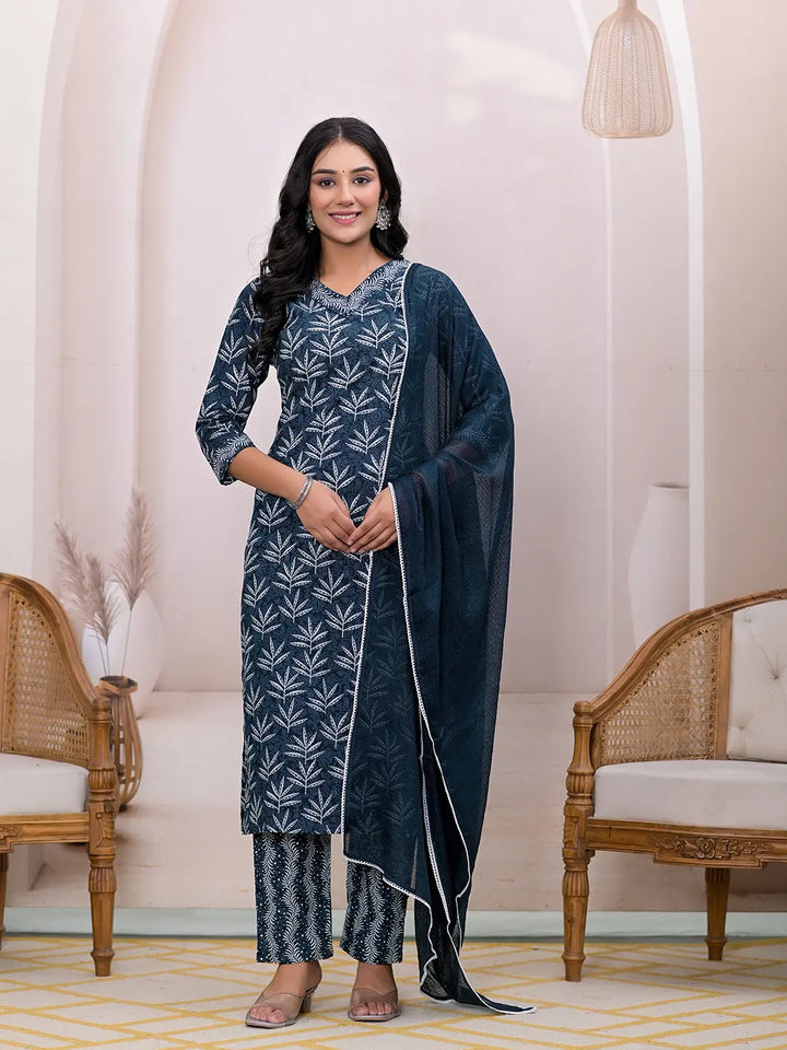 Teal Blue Embroidered Pure Cotton Straight Kurta Dupatta Set-Yufta Store-6858SKDTBS