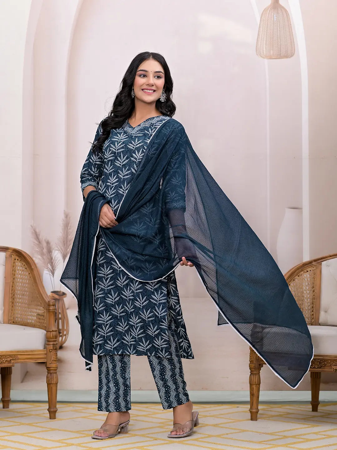 Teal Blue Embroidered Pure Cotton Straight Kurta Dupatta Set-Yufta Store-6858SKDTBS