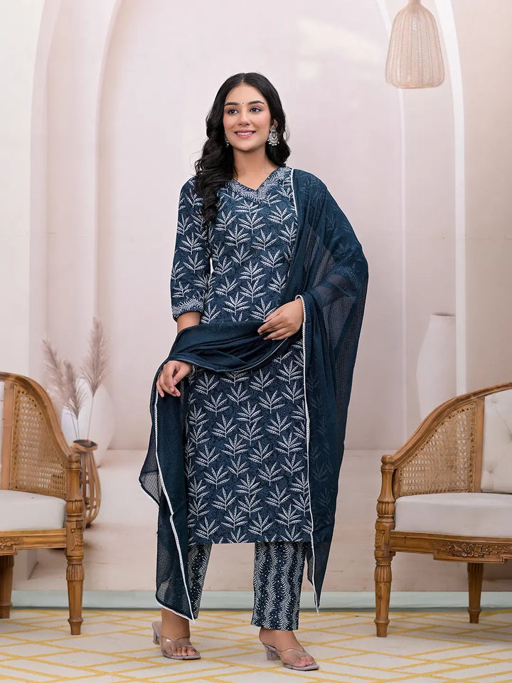 Teal Blue Embroidered Pure Cotton Straight Kurta Dupatta Set-Yufta Store-6858SKDTBS