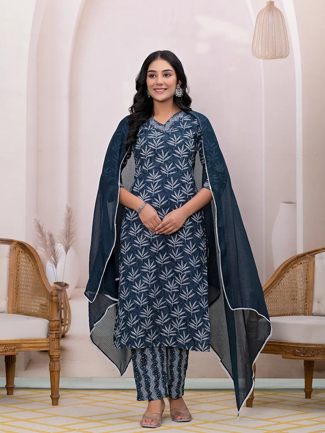 Teal Blue Embroidered Pure Cotton Straight Kurta Dupatta Set-Yufta Store-6858SKDTBS