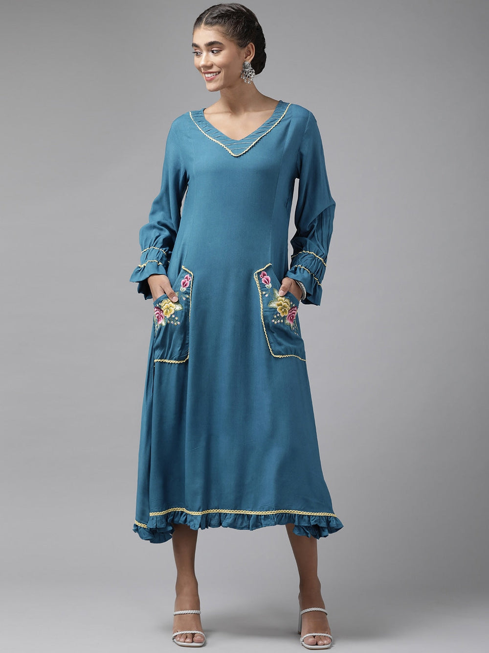 Teal Blue Ethnic Midi Dress-Yufta Store-9657DRSBLS