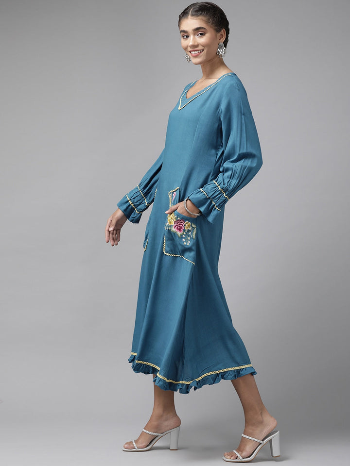 Teal Blue Ethnic Midi Dress-Yufta Store-9657DRSBLS