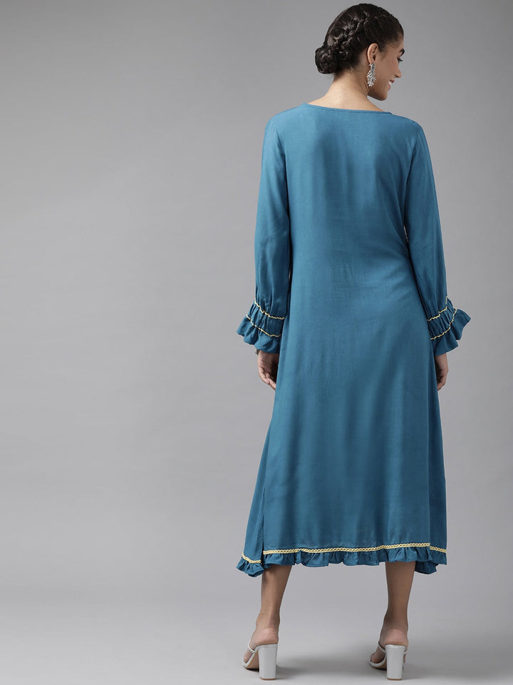 Teal Blue Ethnic Midi Dress-Yufta Store-9657DRSBLS