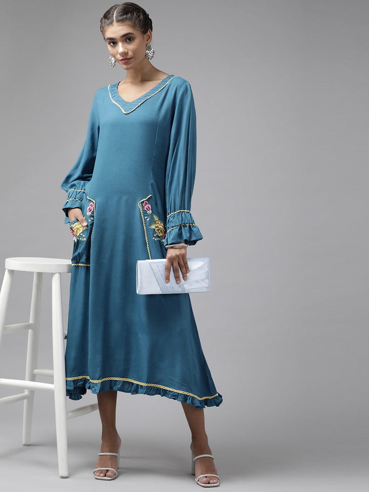 Teal Blue Ethnic Midi Dress-Yufta Store-9657DRSBLS