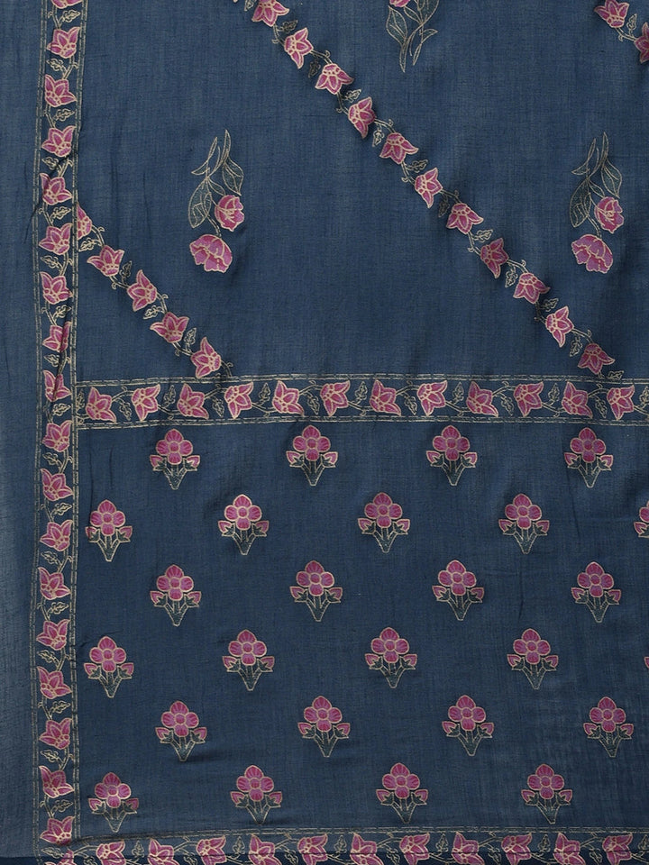 Teal Blue Floral Printed Dupatta Set-Yufta Store-2707SKDNBS