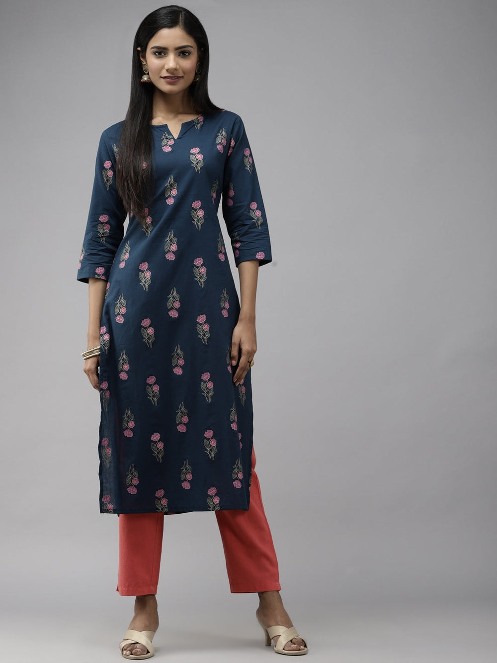 Teal Blue & Green Floral Printed Kurta