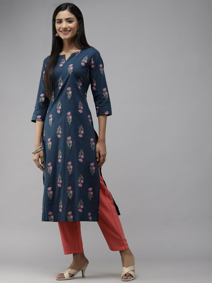 Teal Blue & Green Floral Printed Kurta-Yufta Store-2707KURNBS