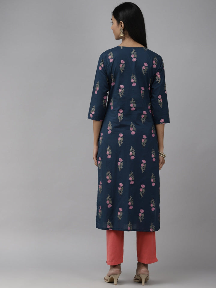 Teal Blue & Green Floral Printed Kurta-Yufta Store-2707KURNBS