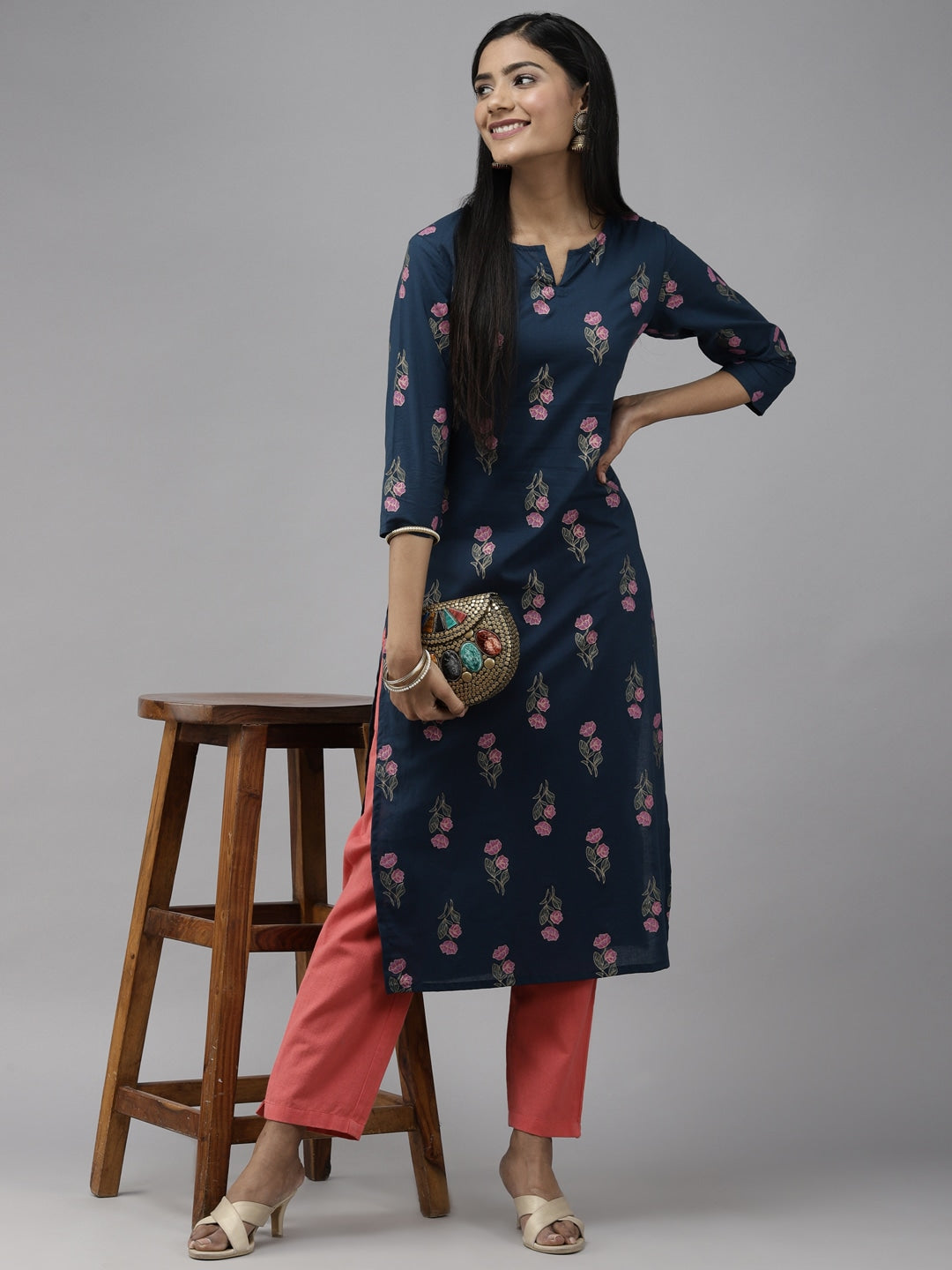 Teal Blue & Green Floral Printed Kurta