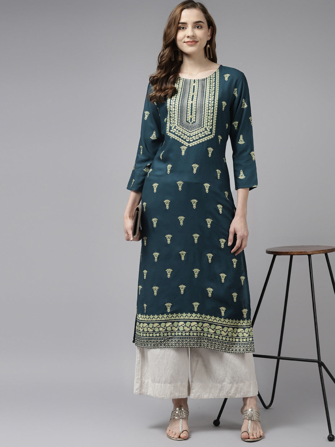 Teal Blue & Green Gold Printed Kurta-Yufta Store-2737KURBLS