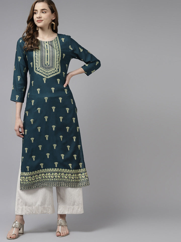 Teal Blue & Green Gold Printed Kurta-Yufta Store-2737KURBLS