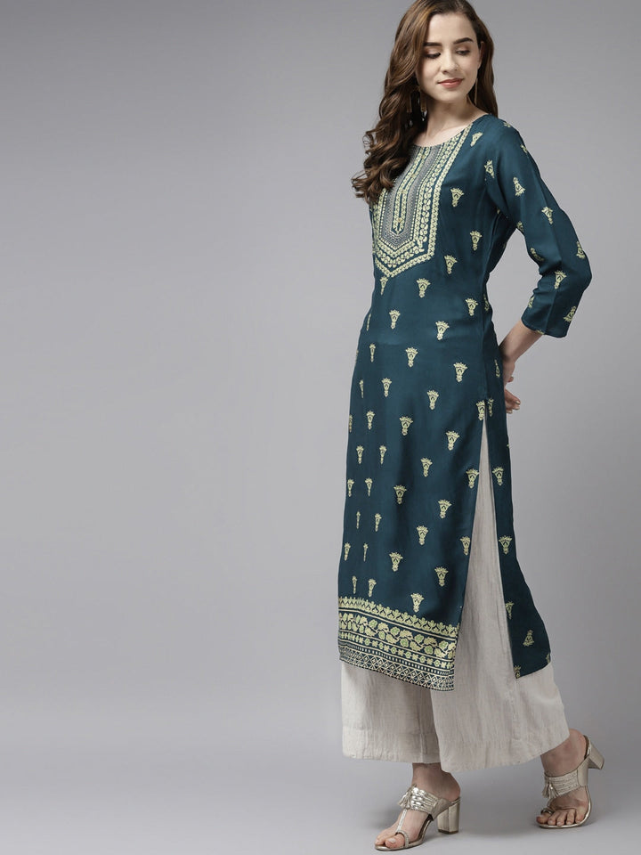 Teal Blue & Green Gold Printed Kurta-Yufta Store-2737KURBLS