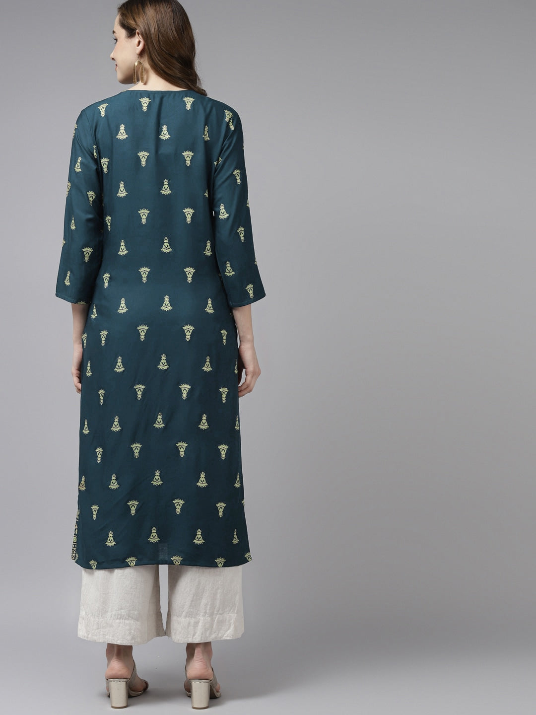 Teal Blue & Green Gold Printed Kurta-Yufta Store-2737KURBLS