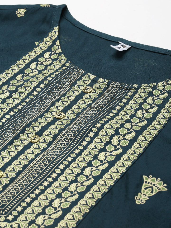 Teal Blue & Green Gold Printed Kurta-Yufta Store-2737KURBLS