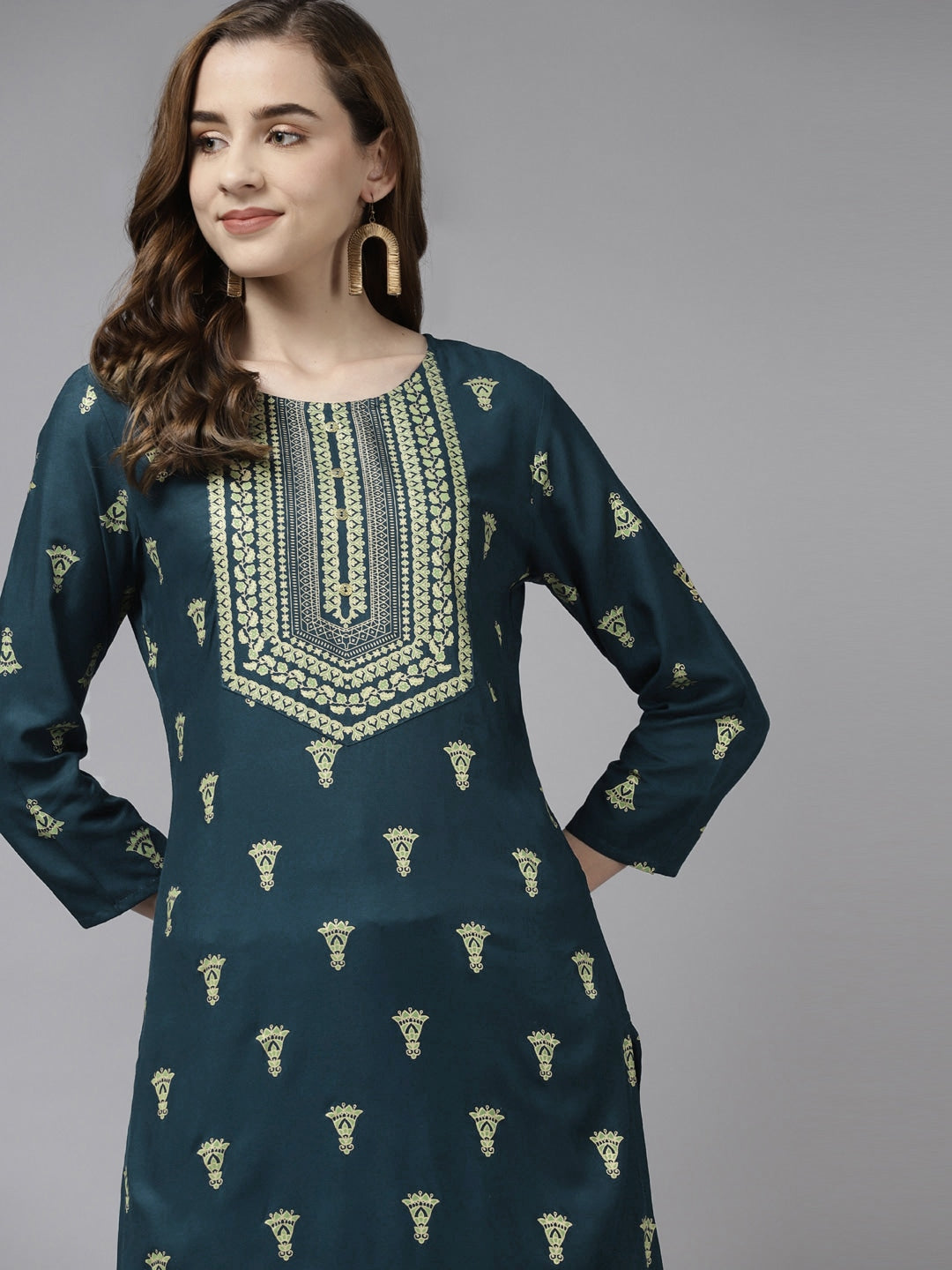 Teal Blue & Green Gold Printed Kurta-Yufta Store-2737KURBLS