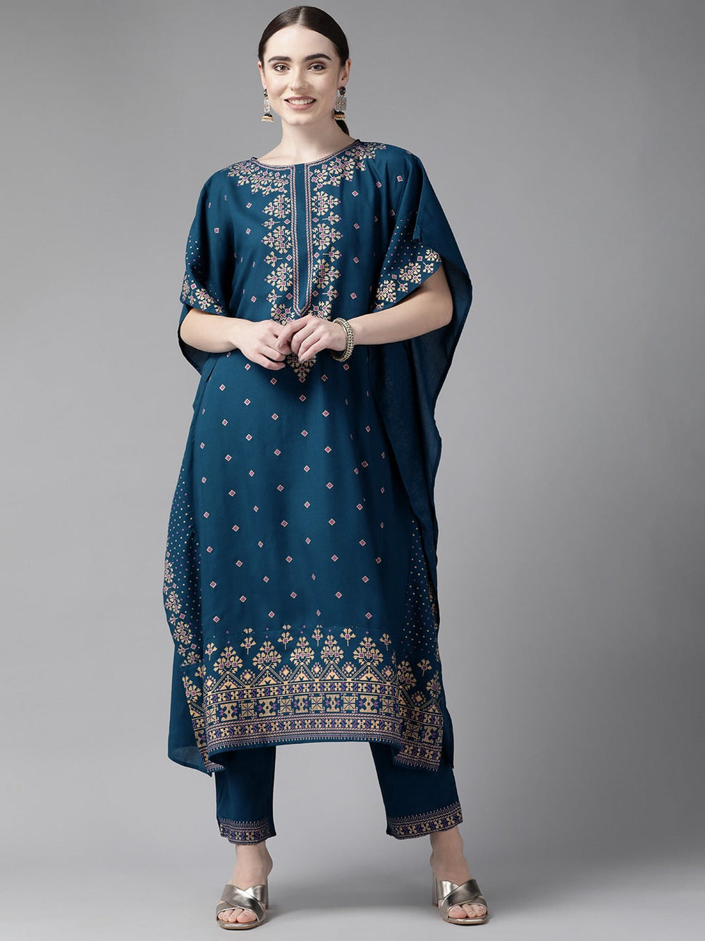 Teal Blue Kaftan Kurta Set-Yufta Store-9986KSTBLS