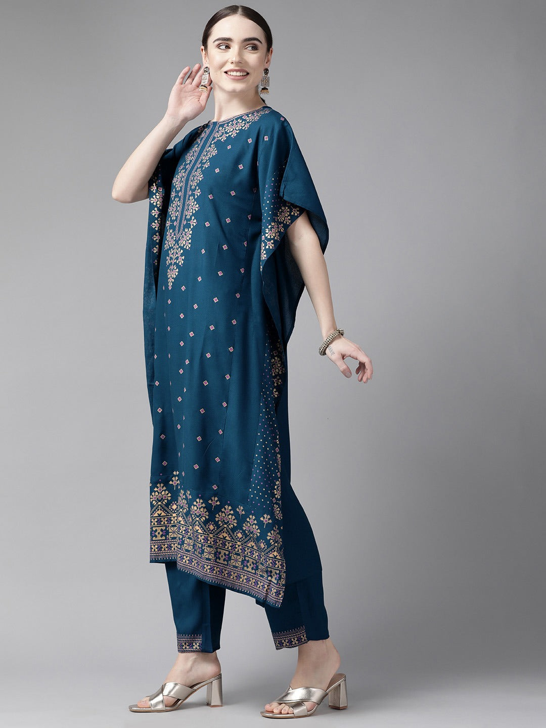 Teal Blue Kaftan Kurta Set-Yufta Store-9986KSTBLS