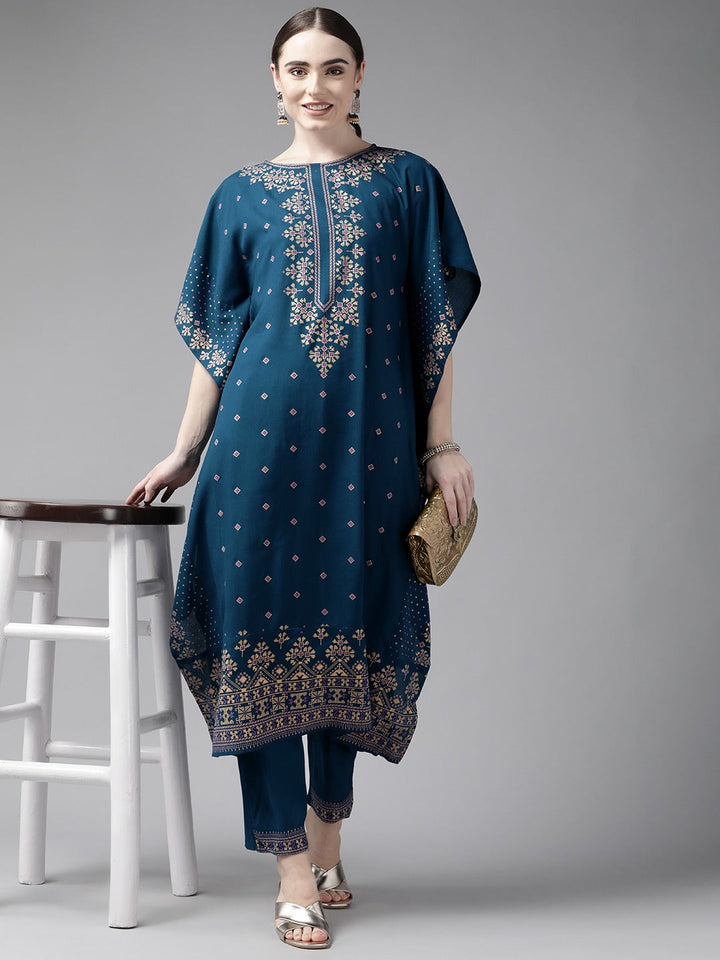 Teal Blue Kaftan Kurta Set-Yufta Store-9986KSTBLS