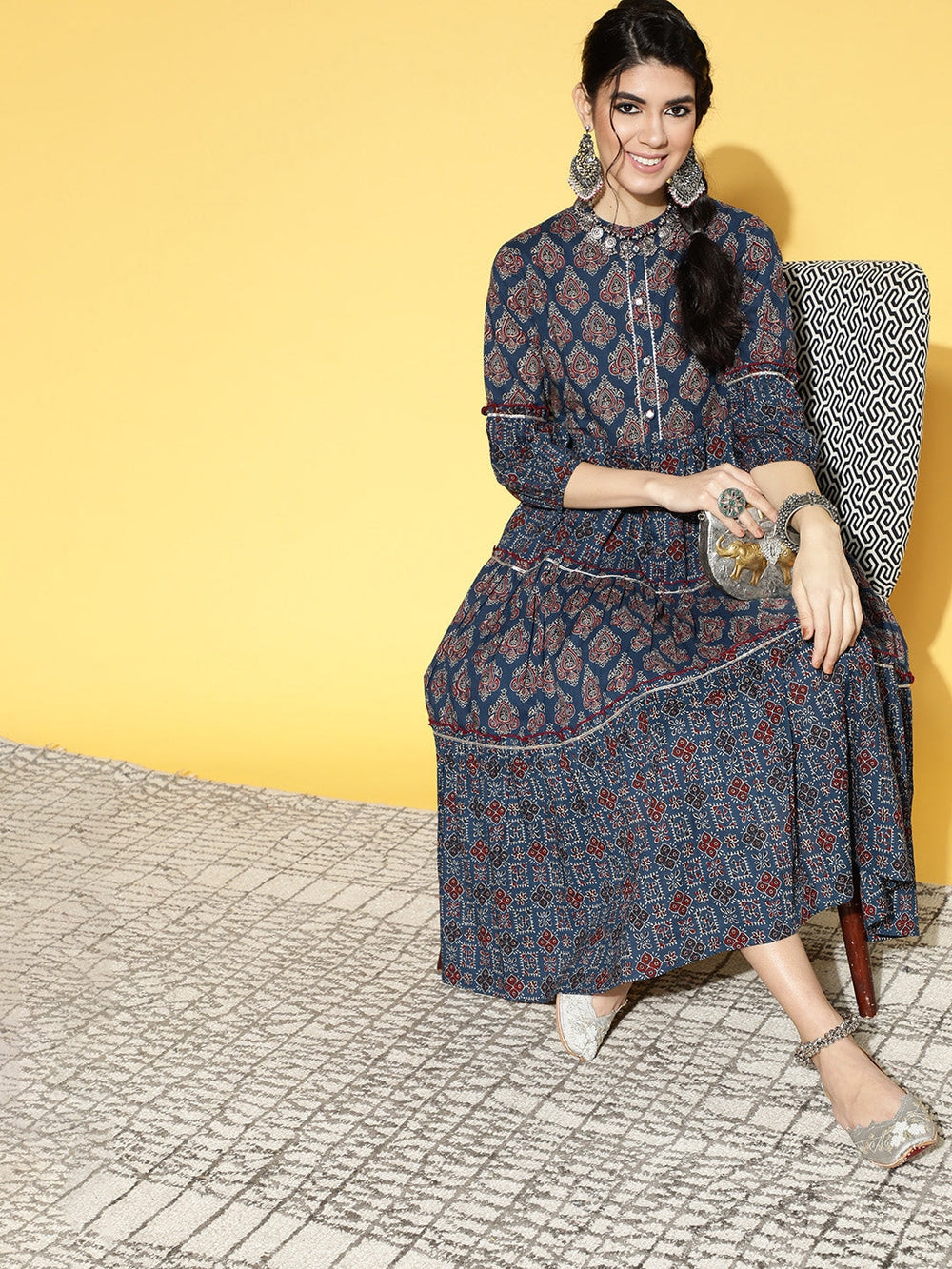 Teal Blue & Maroon Printed Dress-Yufta Store-9568DRSBLS