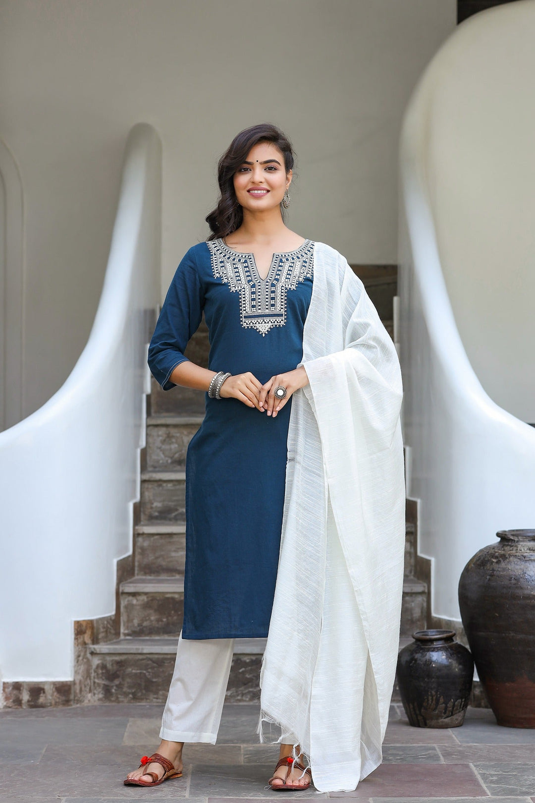 Teal Blue & Offwhite Embroidered Dupatta Set-Yufta Store-9296SKDBLS