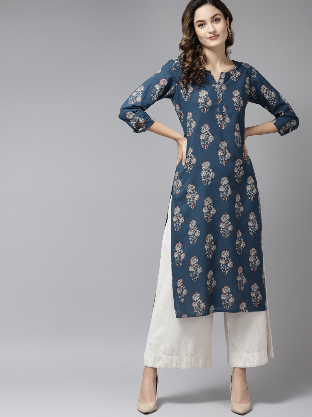 Teal Blue Printed Kurta-Yufta Store-9582KURBLS