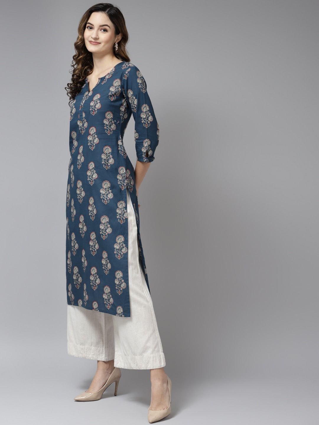 Teal Blue Printed Kurta-Yufta Store-9582KURBLS