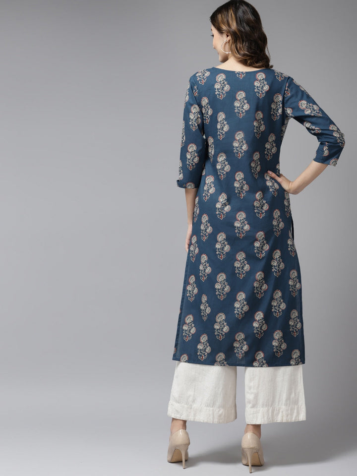 Teal Blue Printed Kurta-Yufta Store-9582KURBLS