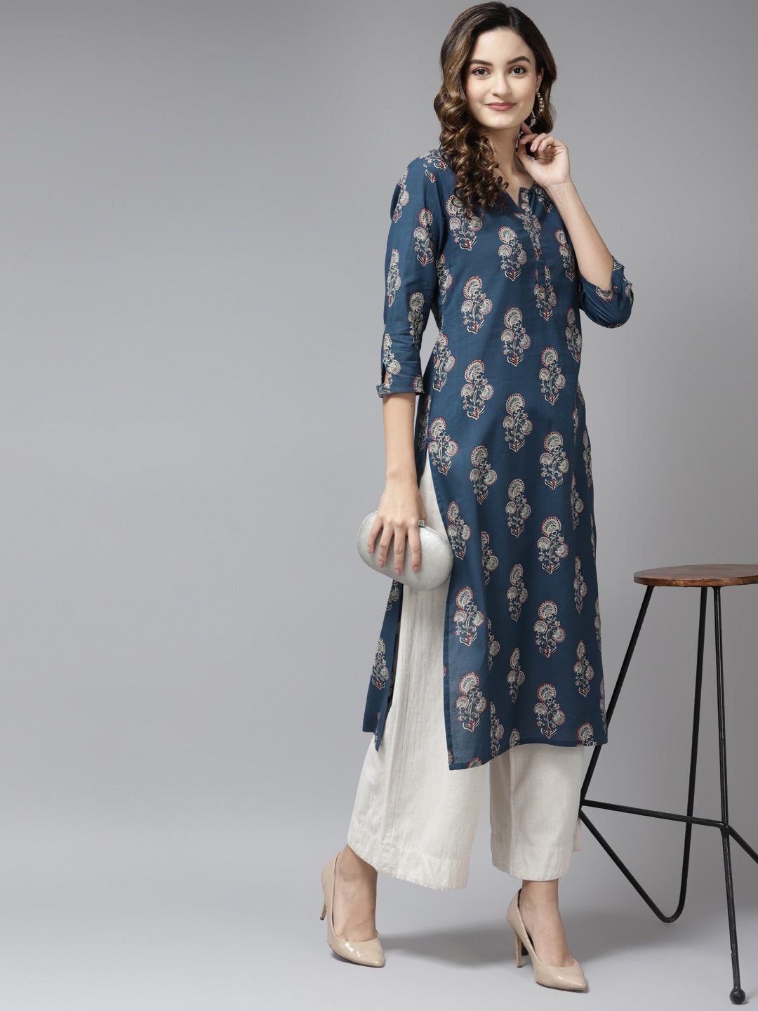 Teal Blue Printed Kurta-Yufta Store-9582KURBLS