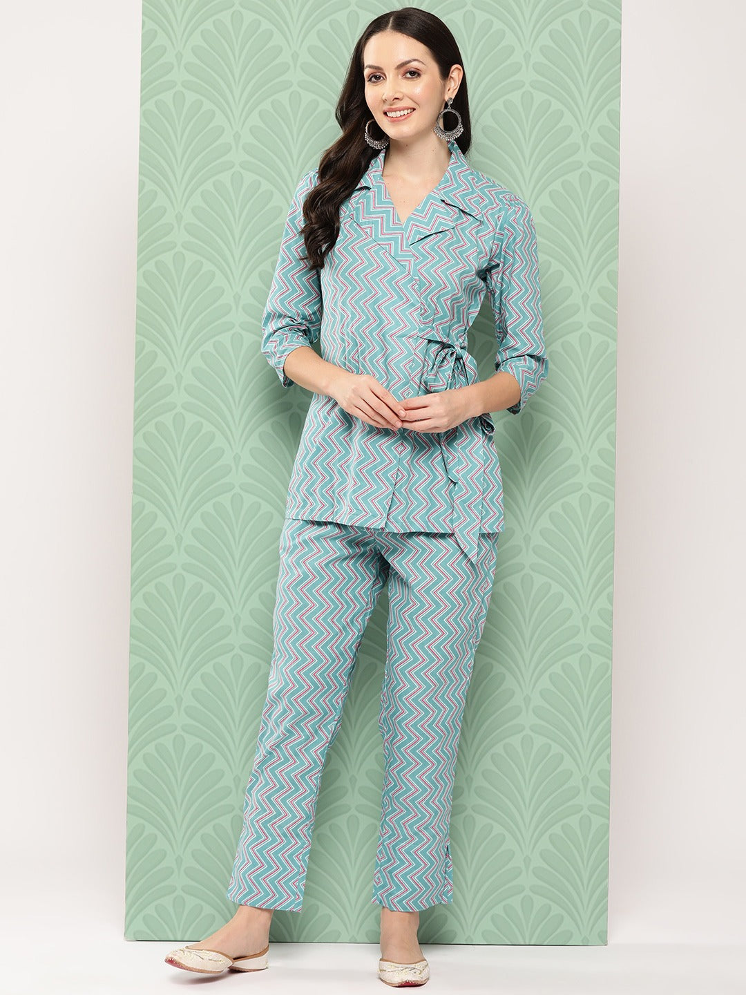 Teal Blue Printed Pure Cotton Top with Trousers-Yufta Store-1464CRDTBS