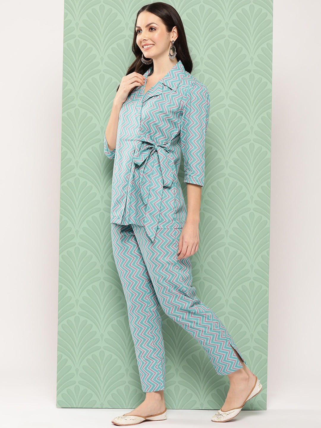 Teal Blue Printed Pure Cotton Top with Trousers-Yufta Store-1464CRDTBS