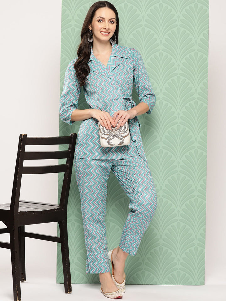 Teal Blue Printed Pure Cotton Top with Trousers-Yufta Store-1464CRDTBS