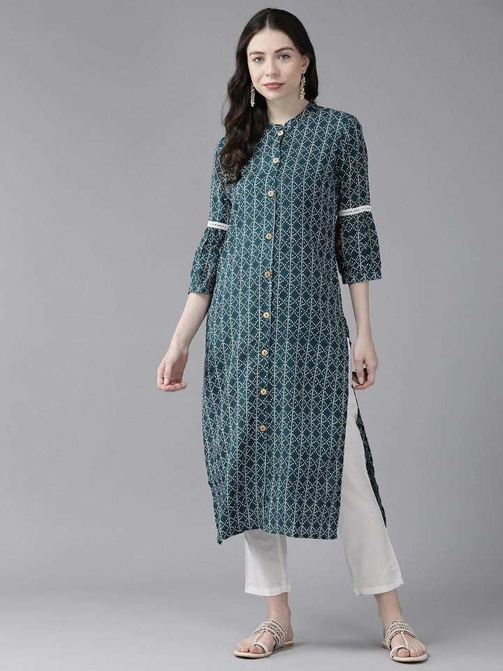 Teal Blue Printed Straight Kurta-Yufta Store-1110KURTBS