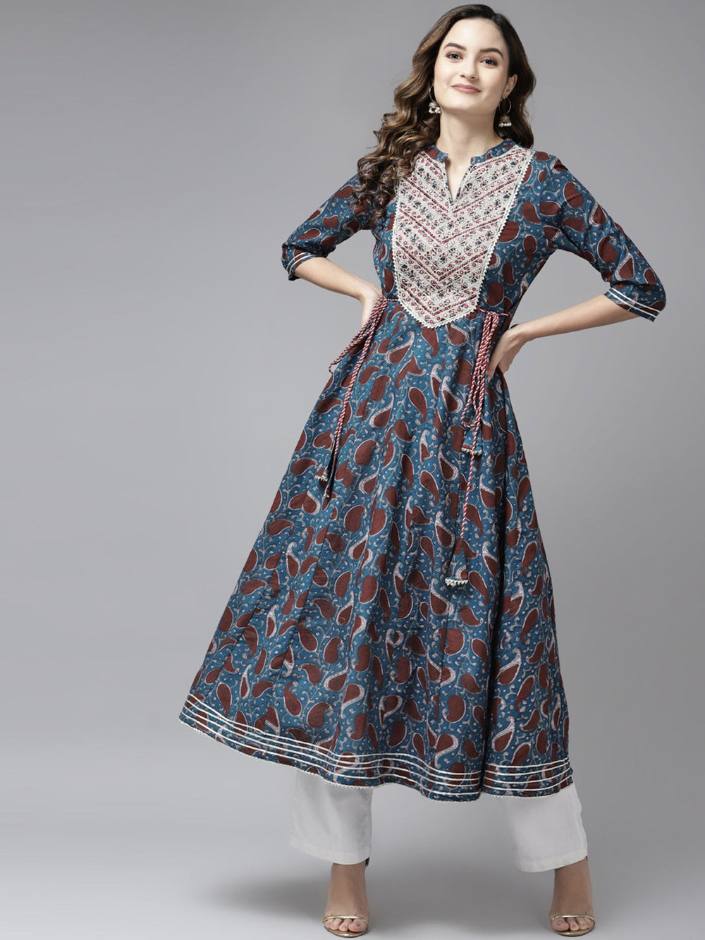 Teal Blue & Rust Red Printed Kurta-Yufta Store-5408DRSBLM