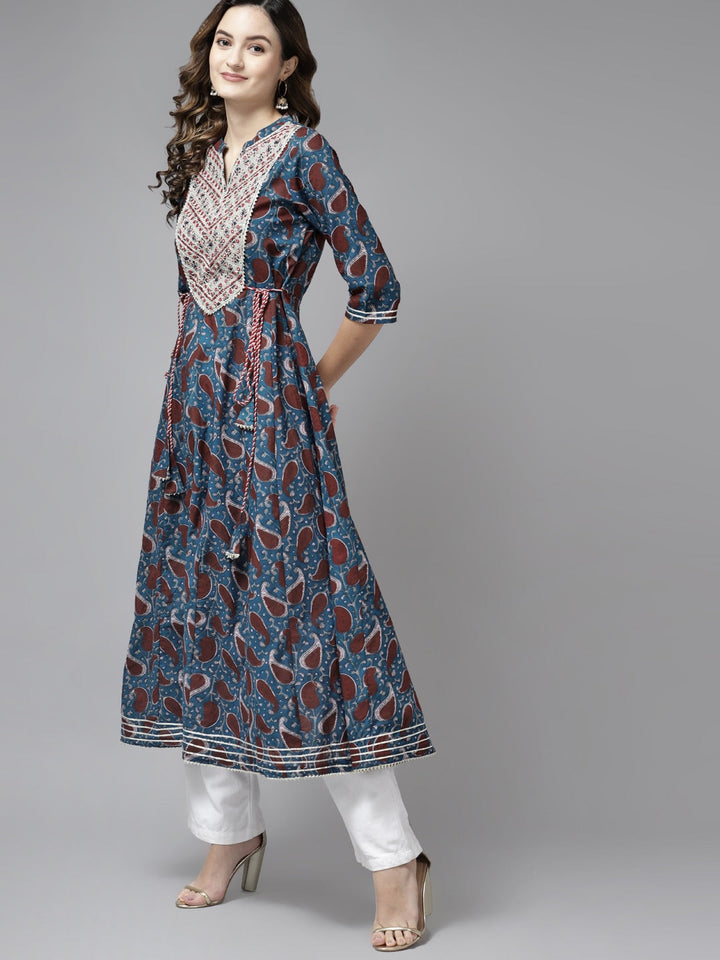 Teal Blue & Rust Red Printed Kurta-Yufta Store-5408DRSBLM