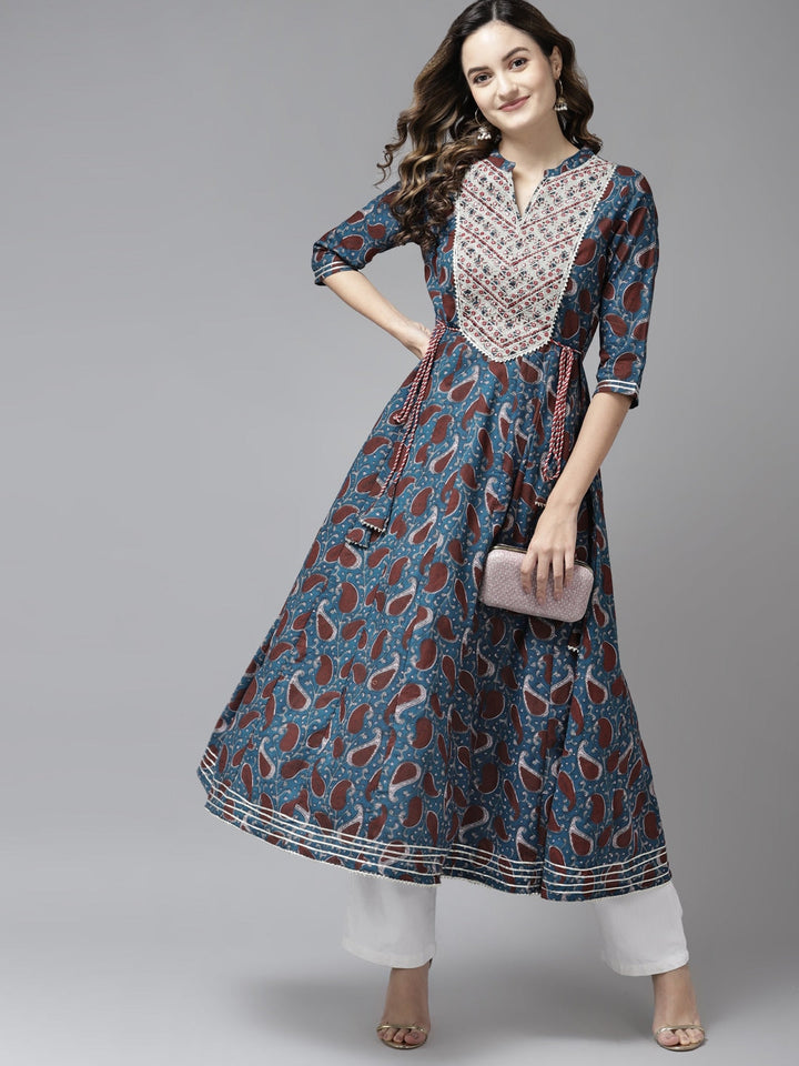 Teal Blue & Rust Red Printed Kurta-Yufta Store-5408DRSBLM