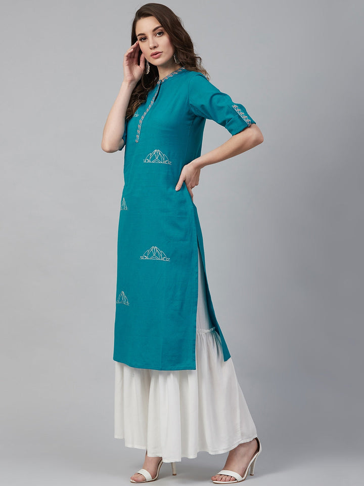 Teal Blue Solid Kurta-Yufta Store-7265KURRGS