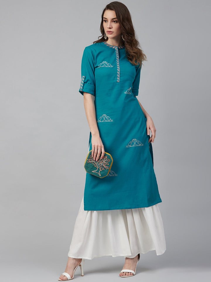 Teal Blue Solid Kurta-Yufta Store-7265KURRGS