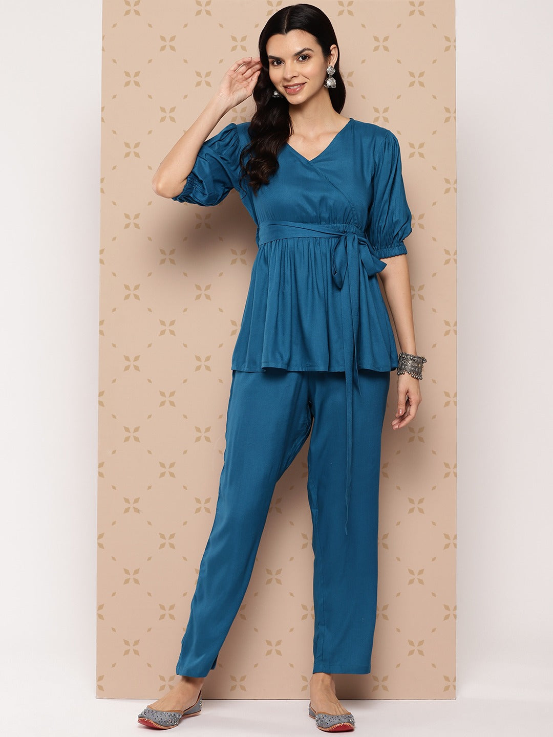 Teal Blue Solid Pure Cotton Top with Trousers Co-Ords