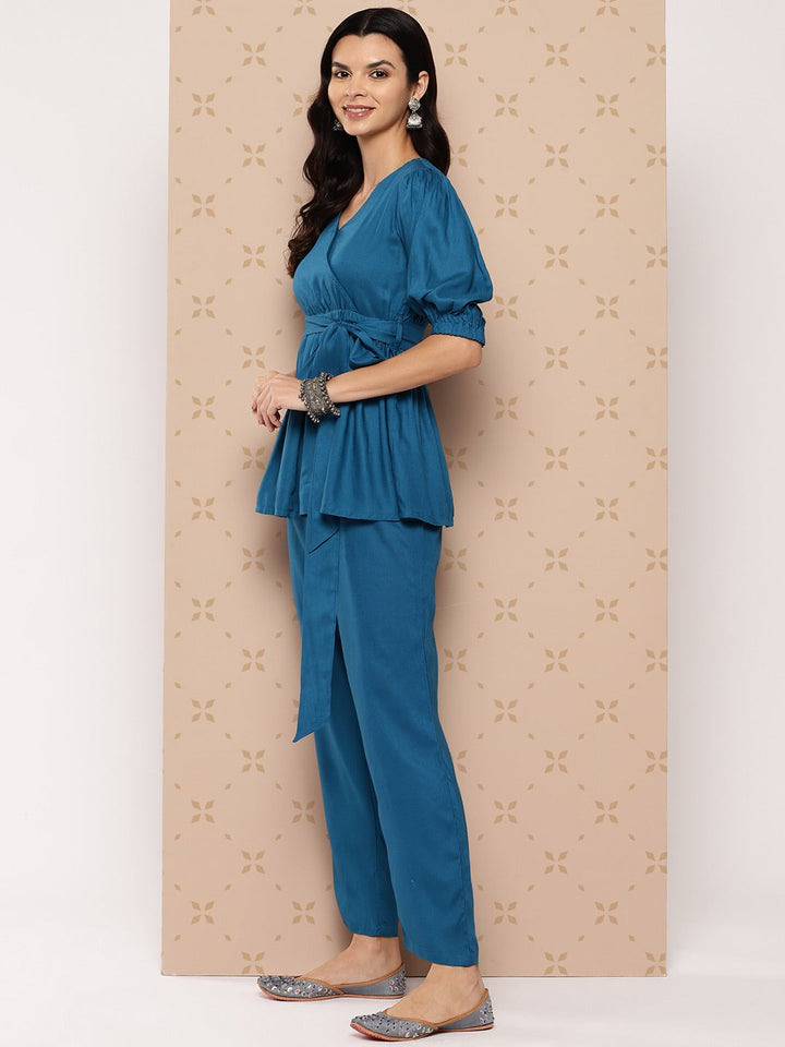 Teal Blue Solid Pure Cotton Top with Trousers Co-Ords