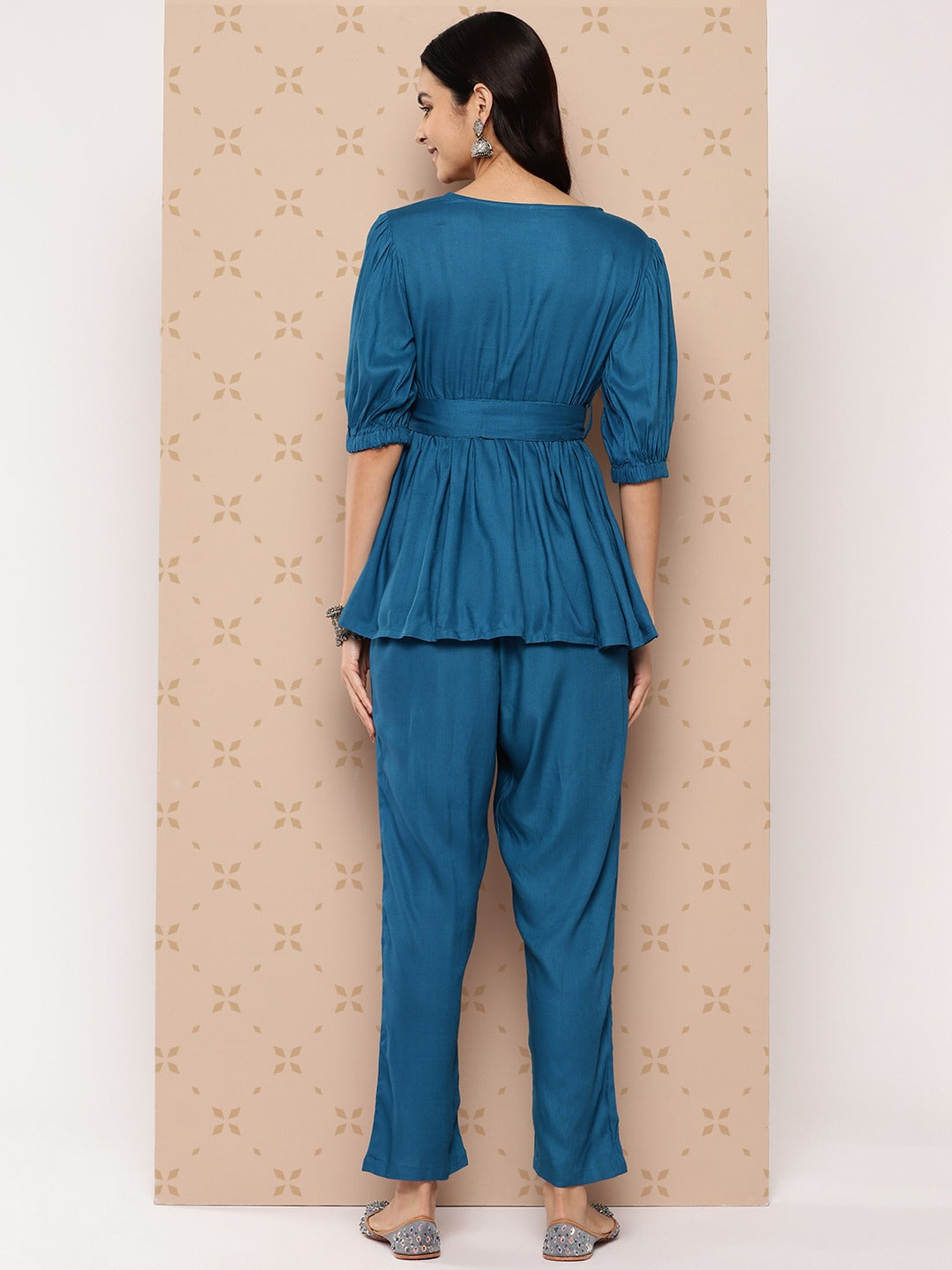 Teal Blue Solid Pure Cotton Top with Trousers Co-Ords